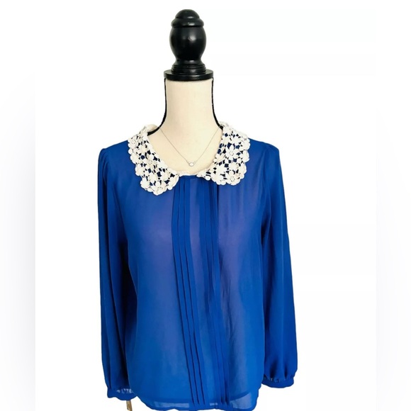 T.J.Maxx Tops - Women’s Royal Blue Lace Collared Chiffon Blouse Size: Medium